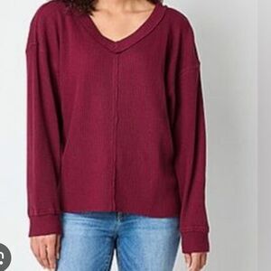 Arizona Jean Co Women's V-Neck Knit Sweater - Burgundy Size Large
